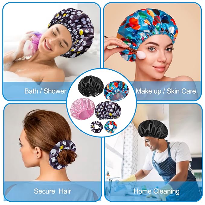 Shower Cap for Women Set of 4, Bath Caps, Double Layers Hair Caps + 2 Satin - Image 5