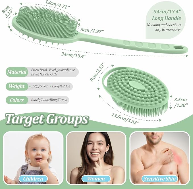 Silicone Back & Body Scrubber Set 2PCS, 13.4'' Gentle Exfoliating Back Scrubber - Image 2