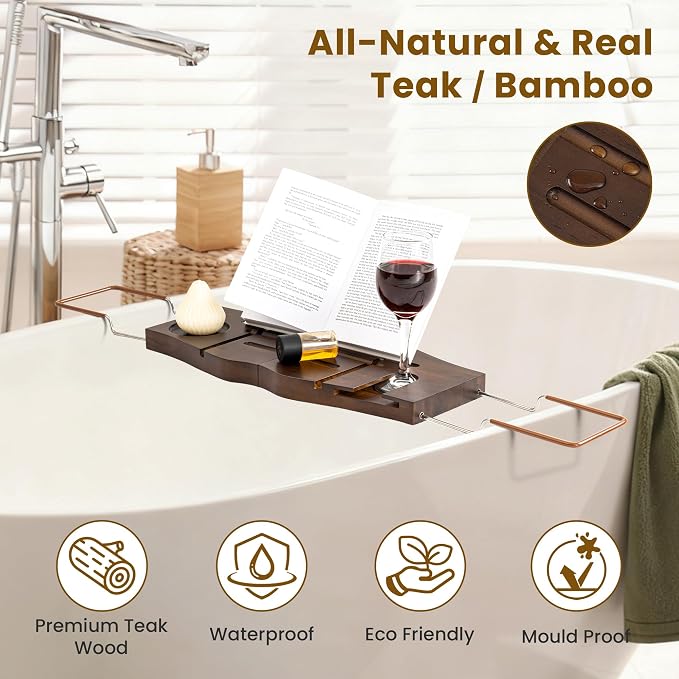 Teak Bathtub Tray Expandable Bathroom Tray - Image 4