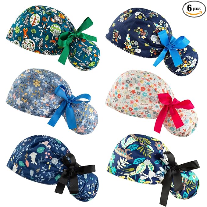 Scrub Caps Women Bouffant Scrub Caps, Adjustable Working Cap Ponytail Pouch Tie by YEAJOIN
