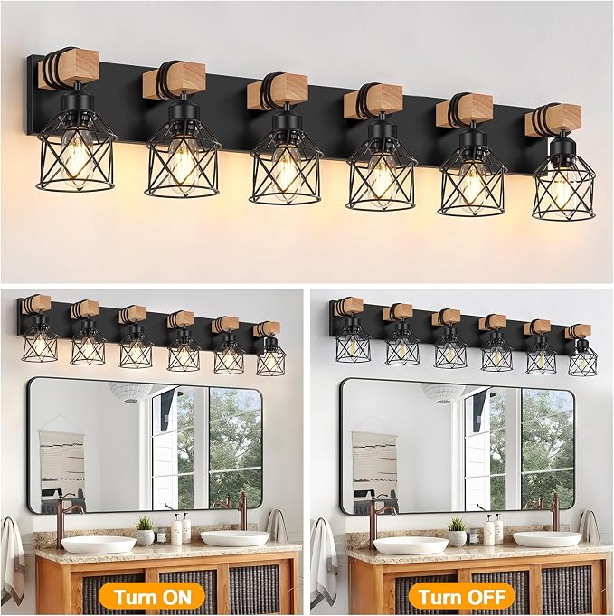 FadimiKoo 6-Light Farmhouse Bathroom Lighting Fixtures, Wood Black Vanity - Image 4