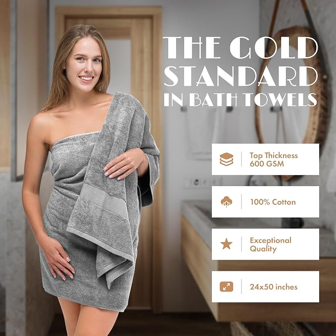 White Classic Wealuxe Light Gray Bath Towels 24x50 Inch, Cotton Towel Set - Image 2
