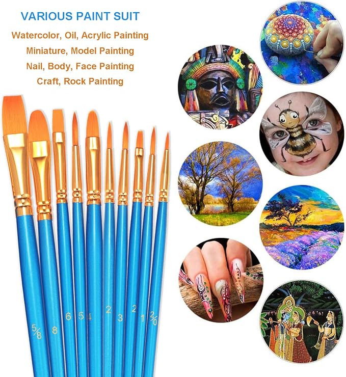 BOSOBO Paint Brush Sets, 10 Pack 100 Pcs Pointed-Round Tip Paintbrushes Nylon - Image 3