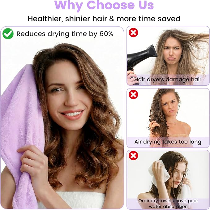 Microfiber Hair Towel Wrap for Women, 2 Pack Large Fast Drying Hair Towel - Image 6