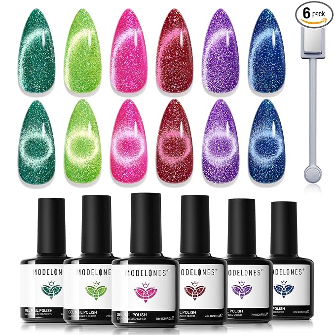 modelones Cat Eye Gel Nail Polish, 6 Colors Glitter Summer Red Pink Purple by MODELONES