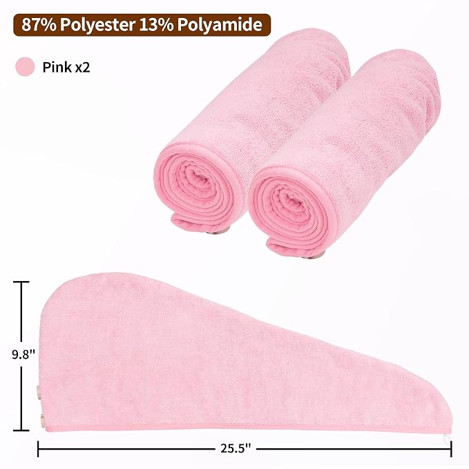 NEXCOVER Hair Towel Microfiber, 2 Pack Pink 9.8 inch X 25.5 inch Hair Wrap - Image 4