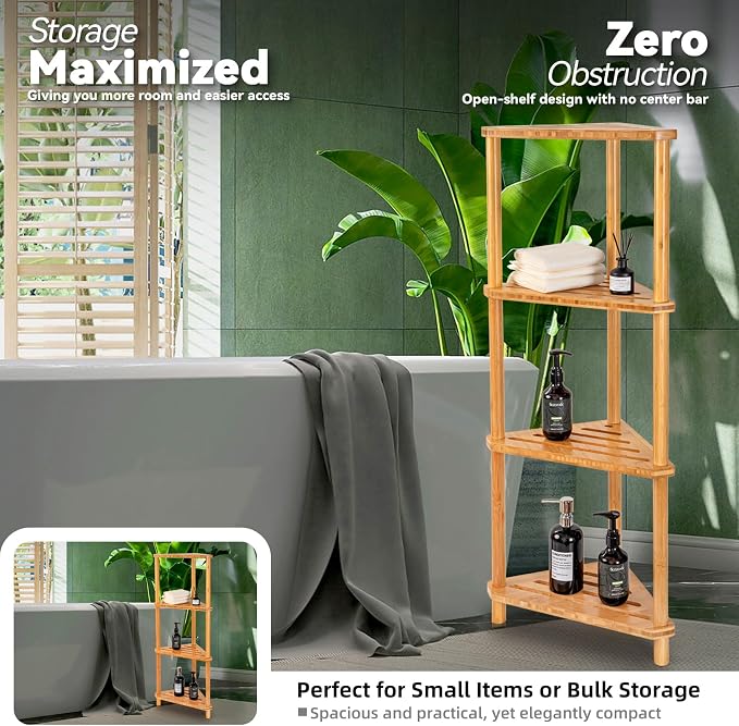 GUGIGP 4-Tier Corner Shower Caddy Stand Bamboo, Standing Corner Shower Shelf - Image 4