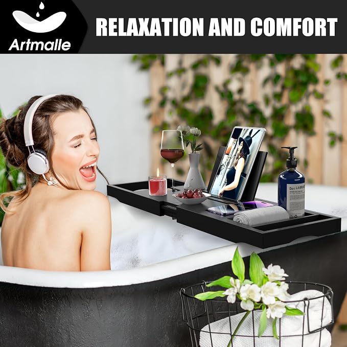 Artmalle Foldable Bathtub Tray Table, Bamboo Bathtub Caddy Tray - Image 8