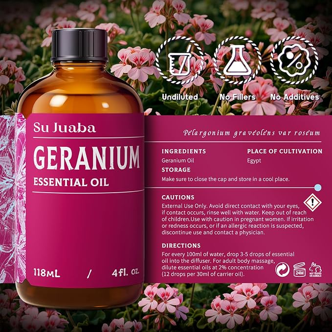 SU JUABA Geranium Essential Oil 4 Oz, 100% Pure & Natural Aromatherapy Oil - Image 6