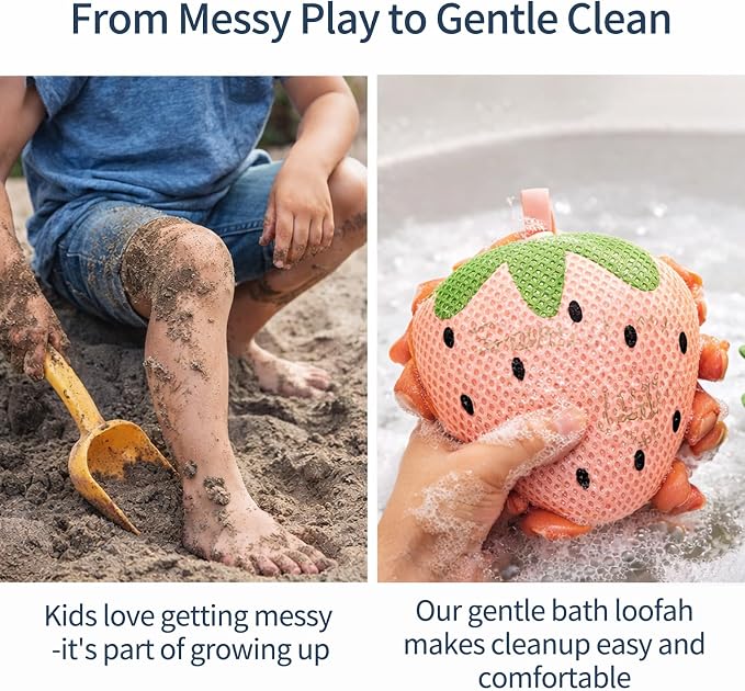 Kids Bath Sponge, Cute Kids Loofah Frog&Strawberry Shower Pouf, Soft Mesh Bath - Image 4
