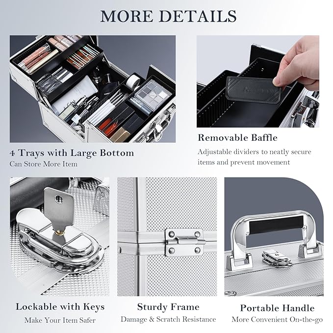 FRENESSA Makeup Train Case Makeup Organizer Box Portable Cosmetic Travel Case - Image 4