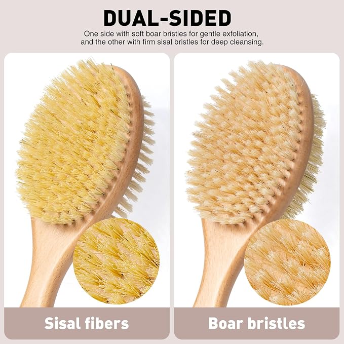 Short-Handle Dual-Sided Bath Massage Brush, Soft Boar & Firm Sisal Bristles - Image 2