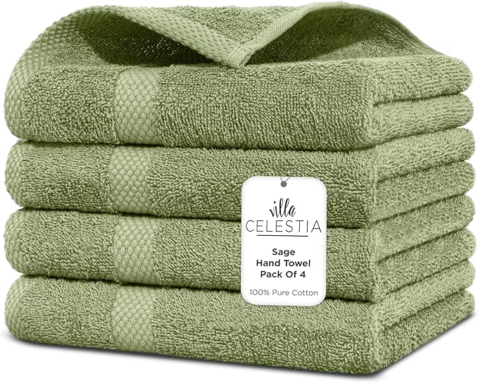 100% Cotton Hand Towel Set of 4, Sustainable, Highly Absorbent, Quick Drying by VillaCelestia