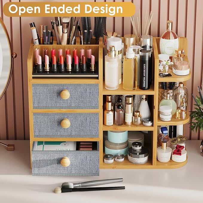 Large Makeup Organizer For Vanity, Large Capacity 3 Tiers Bamboo Bathroom - Image 3