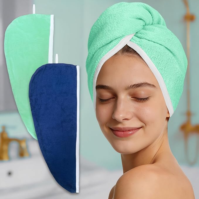 VOOVA & MOVAS Green & Navy Microfiber Hair Towel Wrap by VOOVAMOVAS