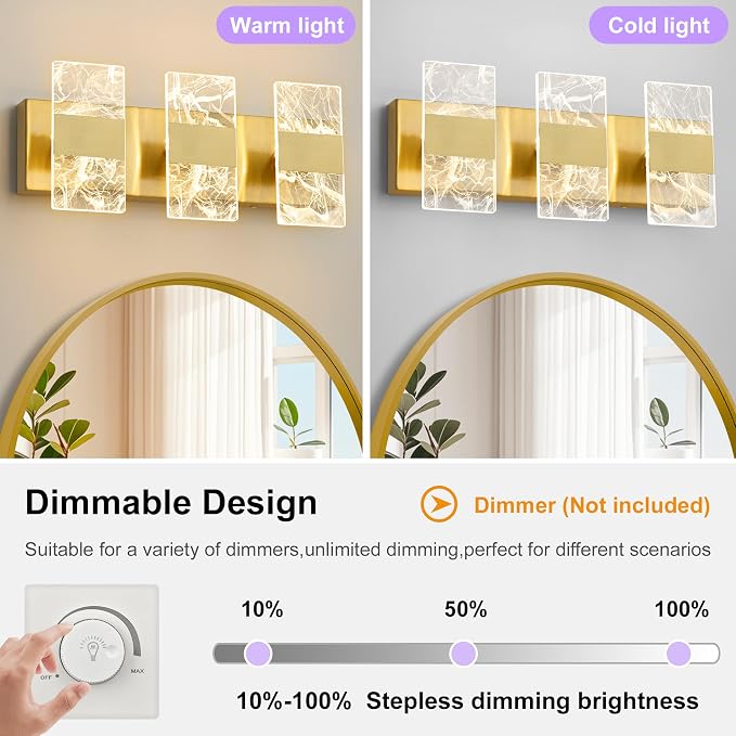 Modern LED Bathroom Light Fixtures Dimmable 3-Light Gold Vanity Light, 5CCT - Image 4