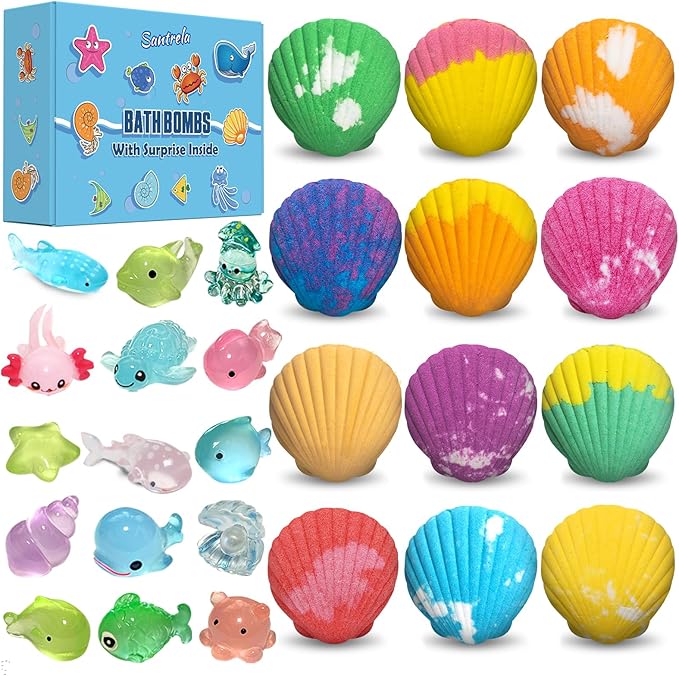 Bath Bombs for Kids with Surprise Toys Inside, 12 Pack Shell Kids Bath Bombs by Santrela