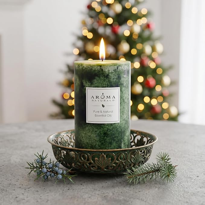 Aroma Naturals Holiday Juniper, Spruce and Basil Essential Oil Pillar Candle - Image 4