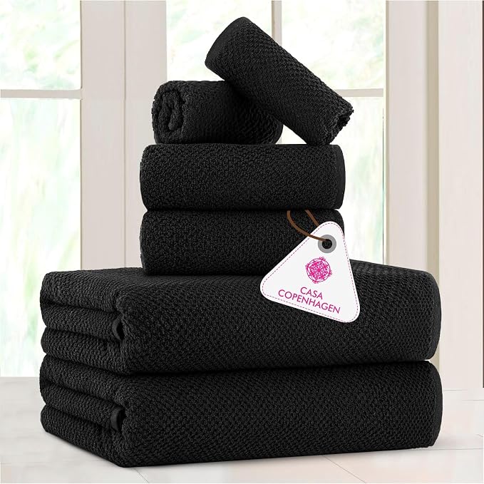 CASA COPENHAGEN EcoPop 6Pcs 100% Cotton Large Designer Towels Gift Set- Black - Image 2