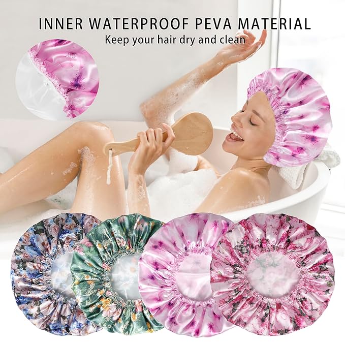 4 PCS Shower Caps for Women, Printing Bath Caps, Double Layers Shower Cap - Image 6
