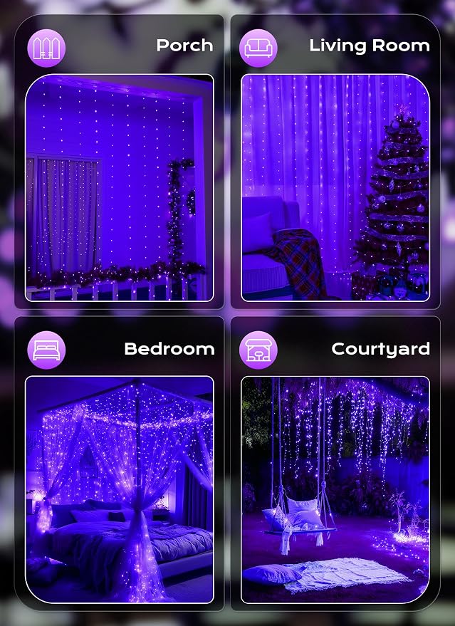 Brightown 300 LED Purple Fairy Curtain Lights, 9.8ft x 9.8ft String Lights - Image 7