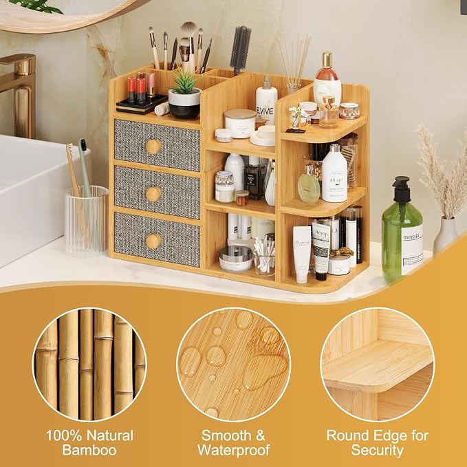Large Makeup Organizer For Vanity, Large Capacity 3 Tiers Bamboo Bathroom - Image 4