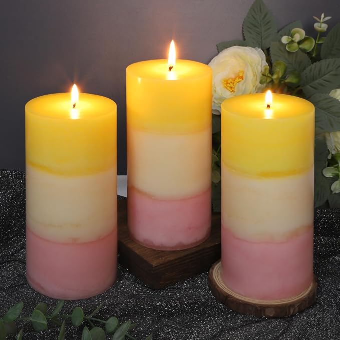 Sweet Honeysuckle Scented 3x6 Inch Pillar Candles Yellow White Pink Layered - Image 5