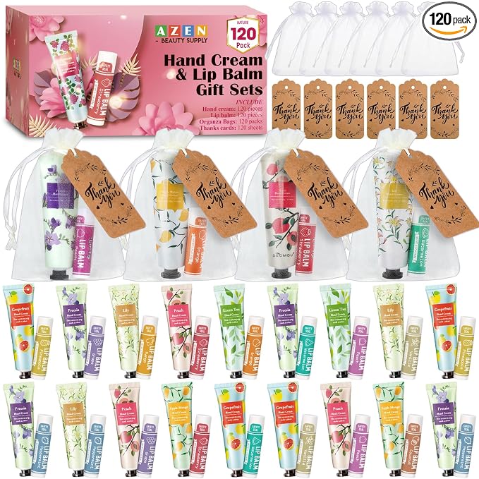 AZEN 120 Sets Bulk Gifts, Hand Cream and Lip Balm Bulk Set by AZEN