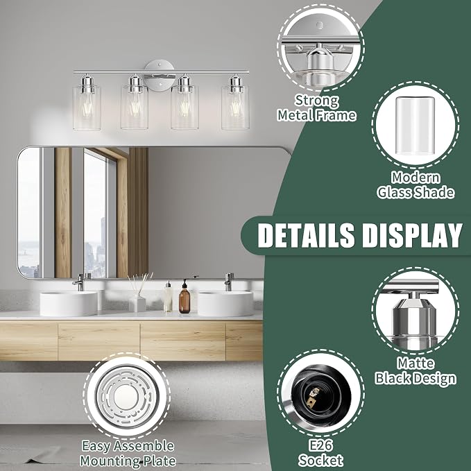Espird Bathroom Vanity Light Fixtures Polished Chrome, 4 Lights Rustic - Image 3