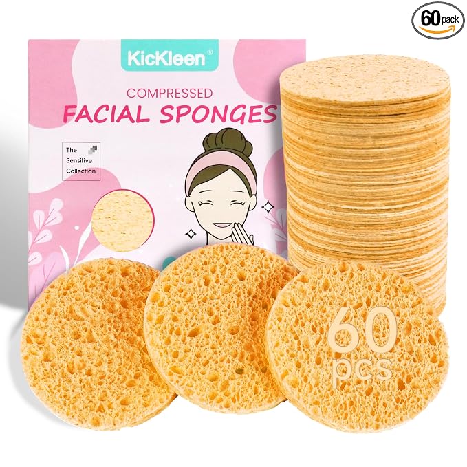 60-Count Compressed Facial Sponges|100% Natural Kickleen Cellulose Cosmetic Spa by KICKLEEN