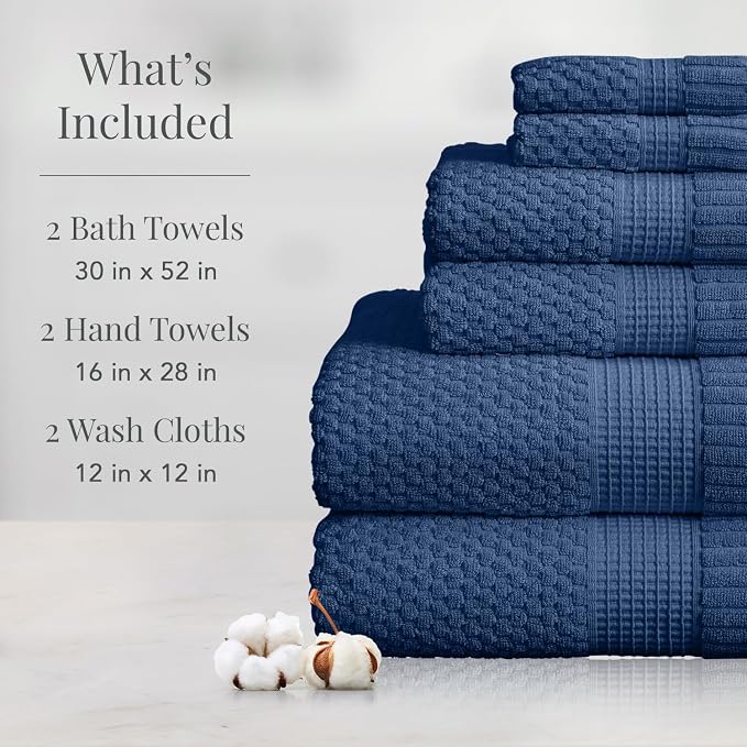NY Loft 100% Cotton Towel Set 6 Piece Towel Set | Navy Bath Towels | Absorbent - Image 2