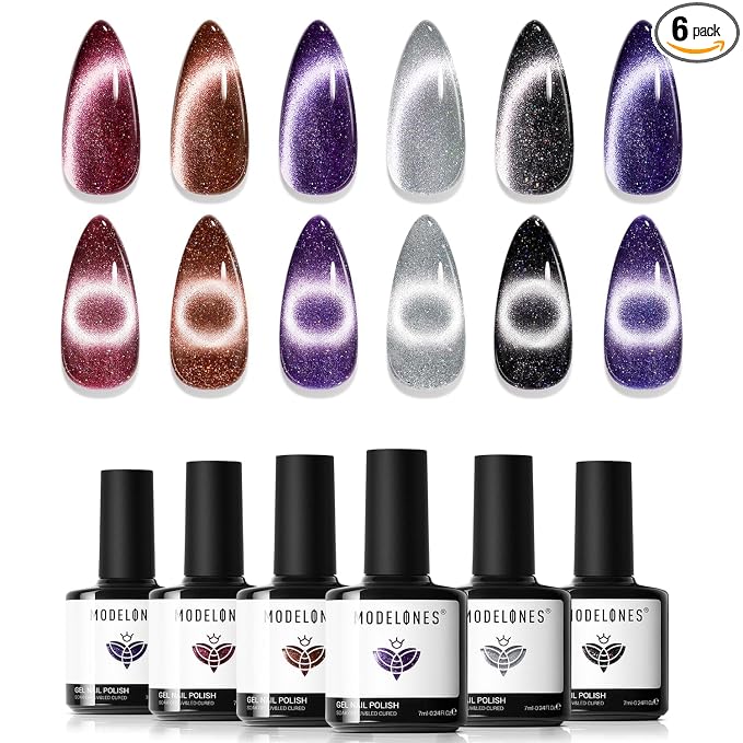 modelones Cat Eye Gel Nail Polish Set, 6 Colors Winter 9D Glassy Cat Eye by MODELONES