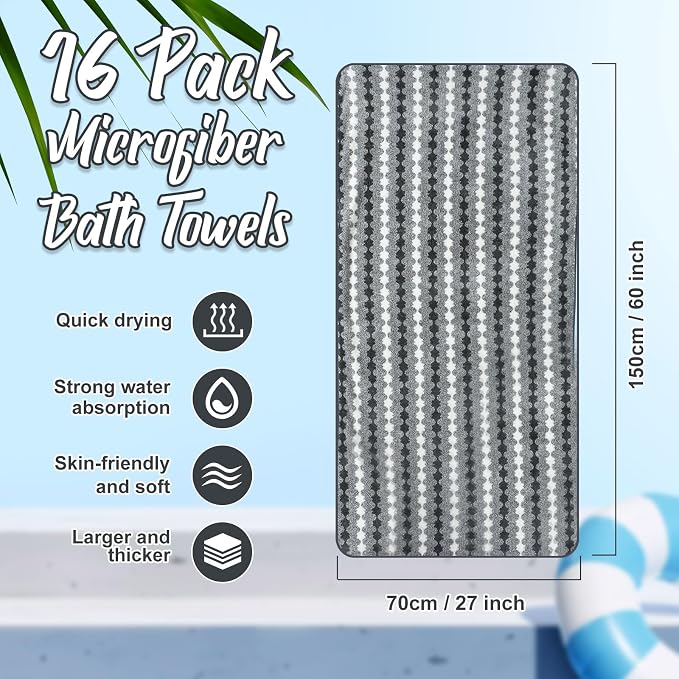 SmoothNovelty 16 Pack Microfiber Bath Towels Bulk 27'' x 60'' Oversized Size - Image 2