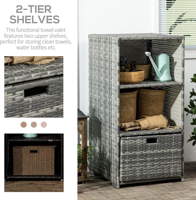 Outsunny Valet Pool Towel Rack, Waterproof PE Plastic Rattan Wicker Storage - Image 5