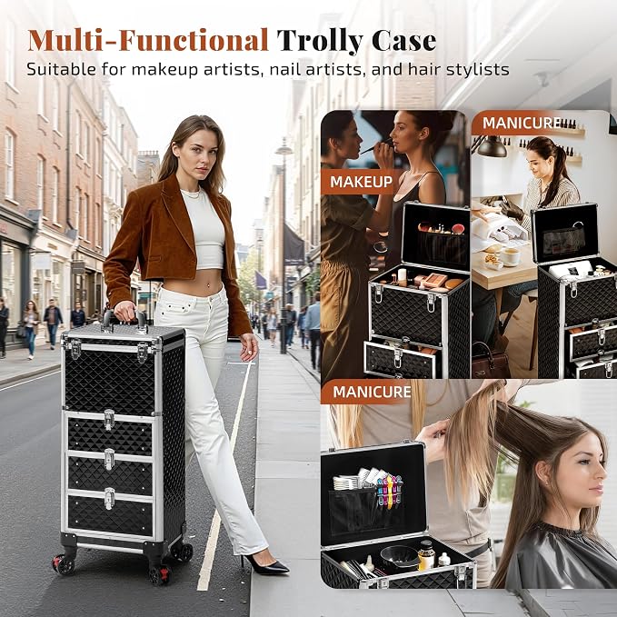 Rolling Makeup Train Case with 3 Drawers, Nail Trolley Cart Salon Station - Image 2