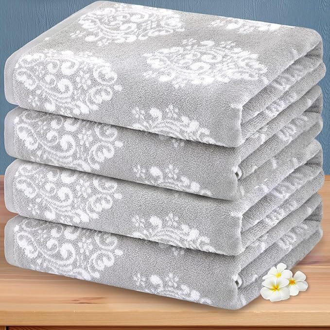 Grey Pattern Bath Towels, Quick Dry Bath Towel, Damask Jacquard Shower Towel by VOOVAMOVAS