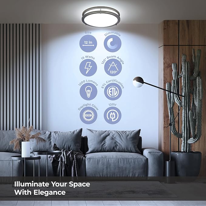 LB72160 LED Flush Mount Ceiling Light, 12 inch, 15W Dimmable 1200lm, 5000K - Image 2
