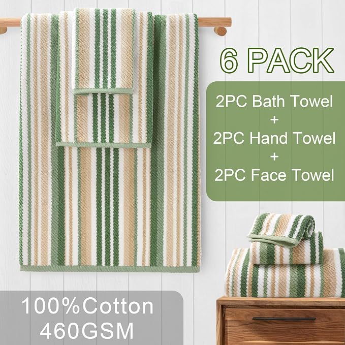 Sage Green Striped Towels Set- 100% Cotton, Quick Dry, Soft & Absorbent - Image 3