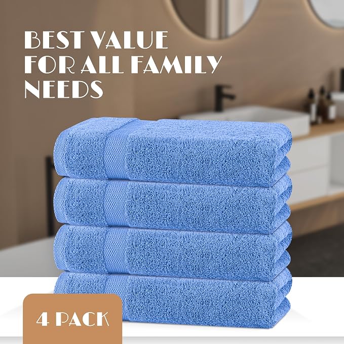 White Classic Light Blue Bath Towels 27x54 Inch, Cotton Towel Set - Image 4
