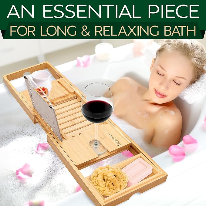SereneLife Luxury Bamboo Bathtub Caddy Tray - Image 2