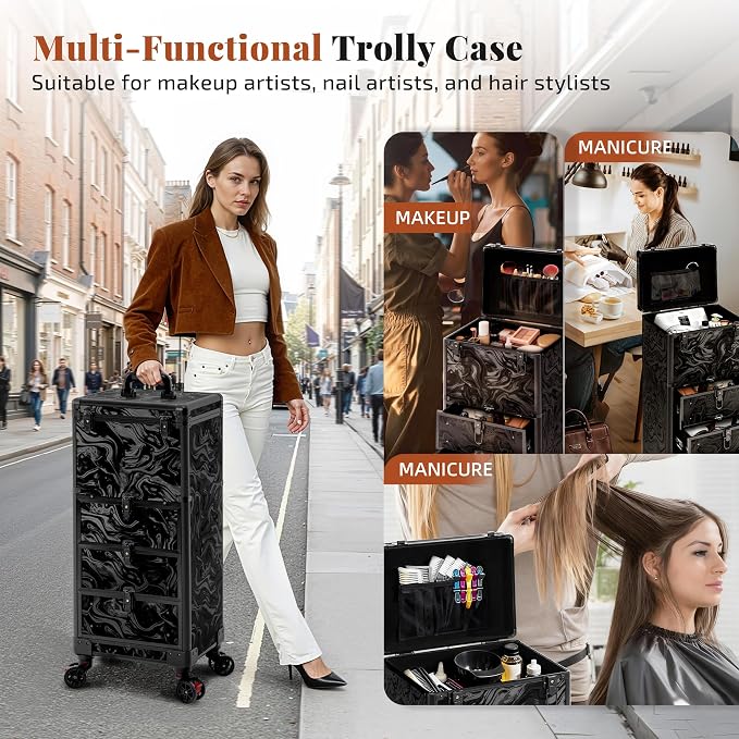 Rolling Makeup Train Case with 3 Drawers, Nail Trolley Cart Salon Station - Image 6
