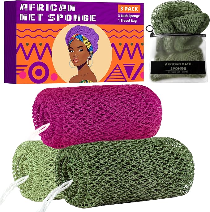 African Net Sponge Authentic, 3 Pieces Exfoliating Scrubber Bath Sponge by BHYTAKI
