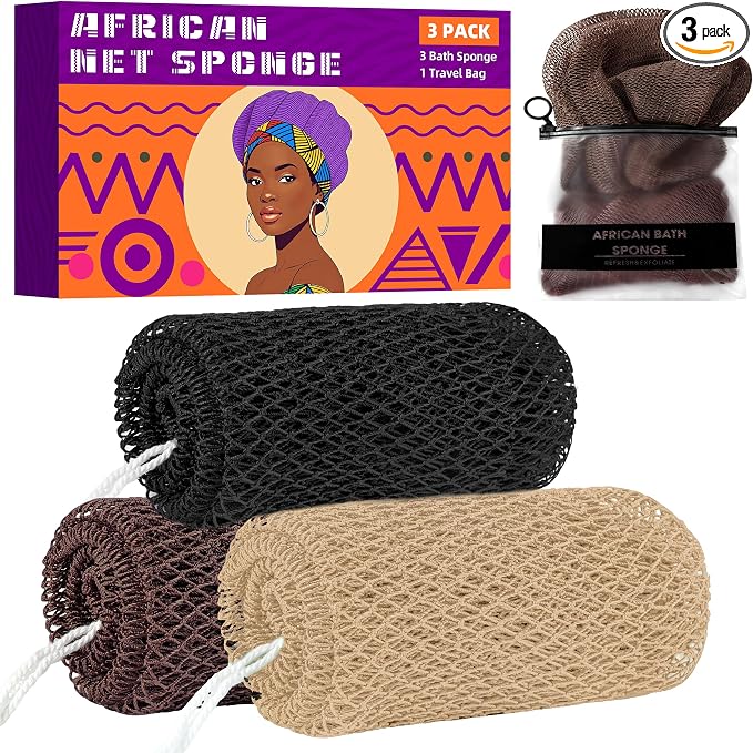 African Net Sponge Authentic, 3 Pieces Exfoliating Scrubber Bath Sponge by BHYTAKI