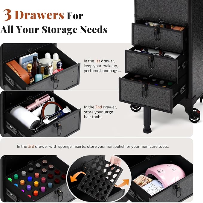 Rolling Makeup Train Case with 3 Drawers, Nail Trolley Cart Salon Station - Image 3