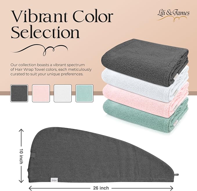 Lili&James 100% Cotton Hair Towel Wrap Quick Dry Super Absorbent Turban Head - Image 2