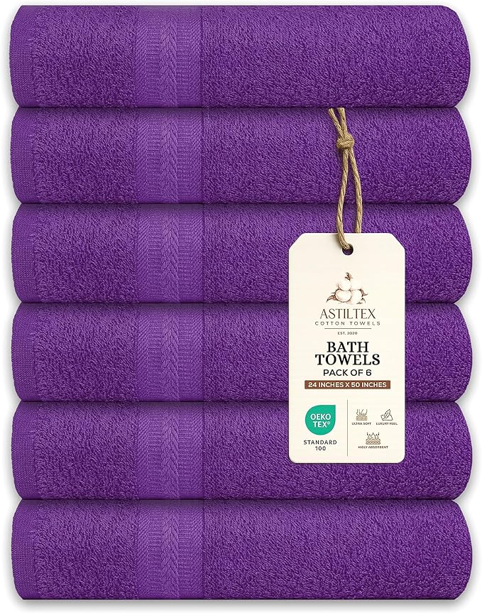 Large Bath Towels Pack of 6 – 24" x 50", 100% Cotton Terry – Soft, Quick-Dry & by ASTILTEXCottonTowels