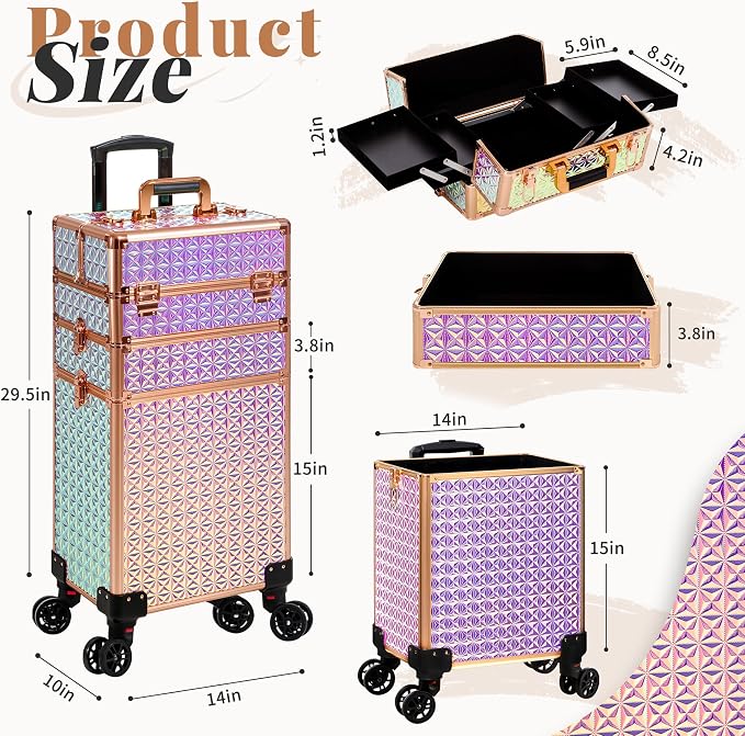 3 in 1 Rolling Makeup Train Case Professional Large Cosmetic Trolley - Image 2