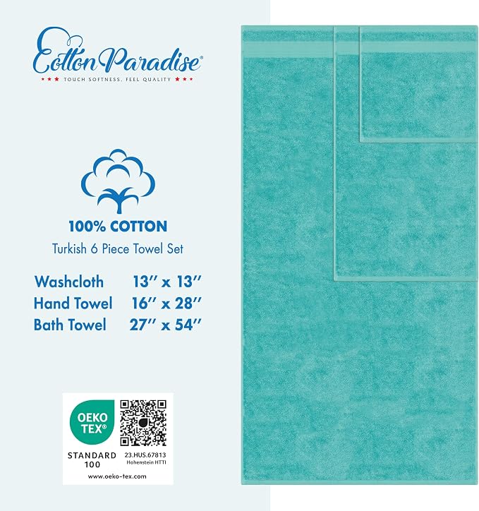 Cotton Paradise 6 Piece Towel Set 100% Cotton Soft Absorbent Turkish Towels - Image 4