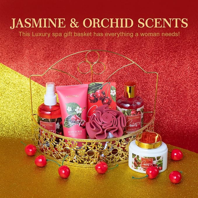 Bath & Body Basket Set, Cherry Fruit Scent Spa Gift Basket - Image 9