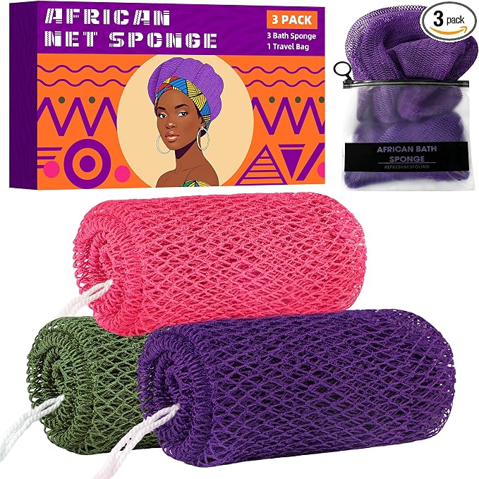 African Net Sponge Authentic, 3 Pieces Exfoliating Scrubber Bath Sponge by BHYTAKI